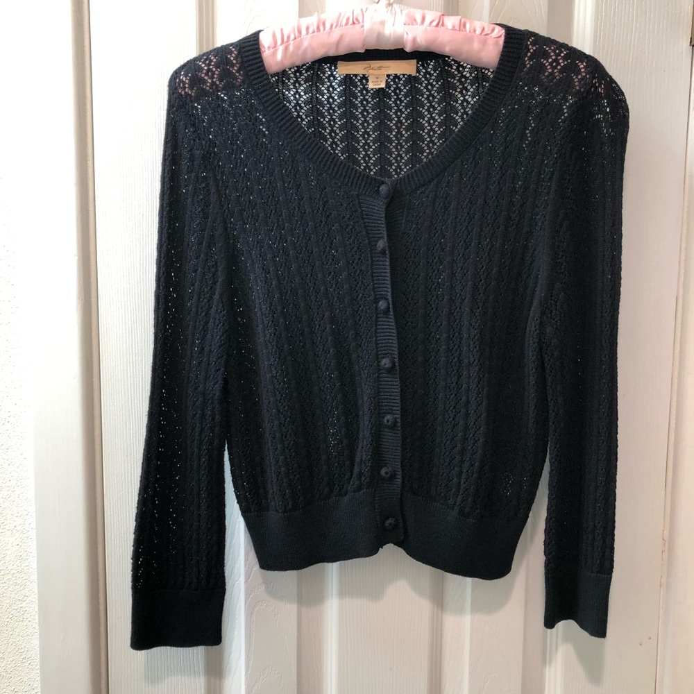 Niotto Open Weave Black Crop Cardigan 3/4 Sleeve Scoop Neck Cotton/Rayon Sz M